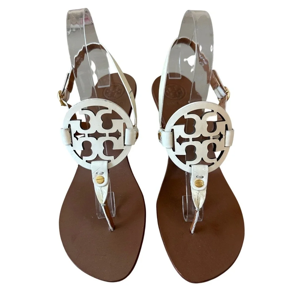 Tory Burch Holly White Patent Double T Kitten Heel Slingback Sandals 9.5